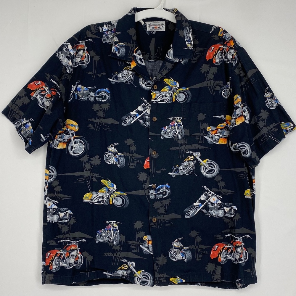 Pacific Legend Mens XL Vintage Hawaiian Shirt Black Motorcycles Print Short Slv